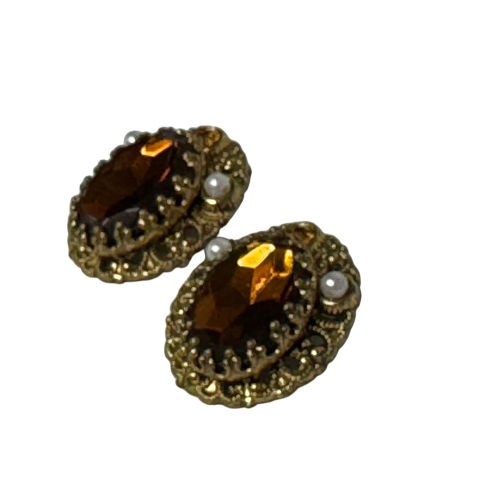 Vintage W Germany Clip On Earrings Brown Jewel Faux Pearl‎ Gold Tone Statement